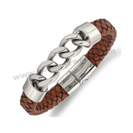 Brown Braided High Polished Steel Curb Chain Bracelet