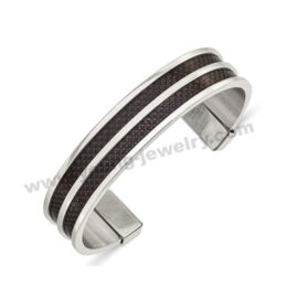 Solid Stainless Steel Men's Black Carbon Fiber Inlay Cuff Bangle Bracelet