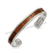 Enamel Brown Wood Inlay Stainless Steel 10mm 8.5" Cuff Bracelet