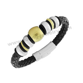 Stainless Steel Black Leather Silver Gold Tone Mens Bangle Bracelet