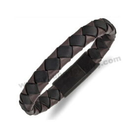 Stainless Steel Brushed Black IP Black/Brown Leather 8.25in Bracelet