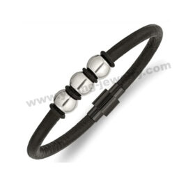 Stainless Steel Black Rubber Leather 8.5 Inch Bracelet Contemporary Cord