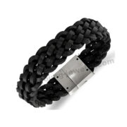 Solid Stainless Steel Men's Brushed Black Leather Braided Bracelet 8.5"