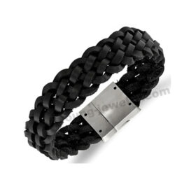Solid Stainless Steel Men's Brushed Black Leather Braided Bracelet 8.5