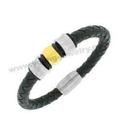 Stainless Steel and Black Leather Two Tone Unisex Magnetic Clasp Bracelet