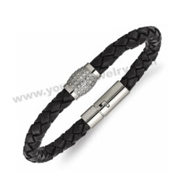 Solid Stainless Steel 10mm CZ Cubic Zirconia Black Leather Bracelet