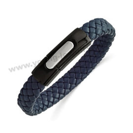 Stainless Steel Polished Black IP-plated Blue Braided Leather 8 inches Bracelet