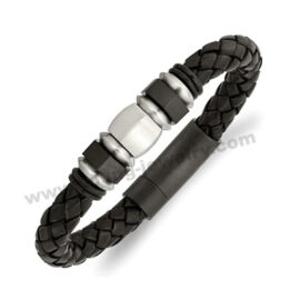 Stainless Steel 8.5 inches Brushed Black Plated Leather & Rubber Chain