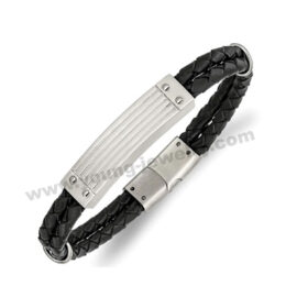 Stainless Steel Polished Black Woven Leather 2 Strand 8.25 Inches Bracelet