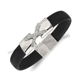 Stainless Steel Polished Cubic Zirconia Silicone Band Bracelet