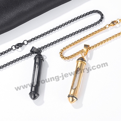 Men's Classic Cylinder Open Steel Perfume Bottle Pendant Urn Memorial black gold and black Necklace