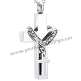 Double-Sided Multi-Layer Diamond-Encrusted Cross Ashes Silver Necklace Urn Jar