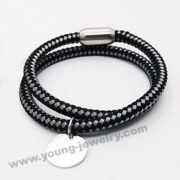 Double Strand Circle Engraved Bracelet with Magnetic Buckle and Black Cotton