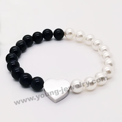 Pearl & Agate Bracelet Featuring a Stainless Steel Heart Engraved Plate