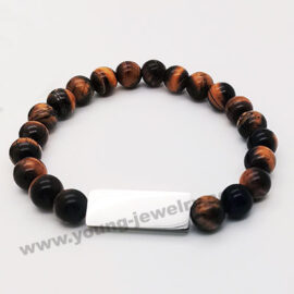 Tiger Eye's Bead Bracelet with a Stainless Steel Engraved Plate