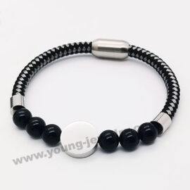 Stylish Agate Bead Bracelet Featuring Steel Circle Engraved Charm