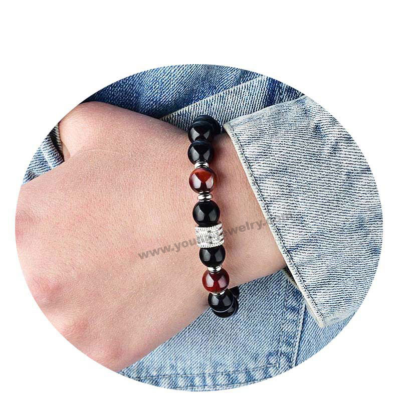 Stainless Steel Cross Men's Beaded Tiger Eye Stone Vintage Bracelet