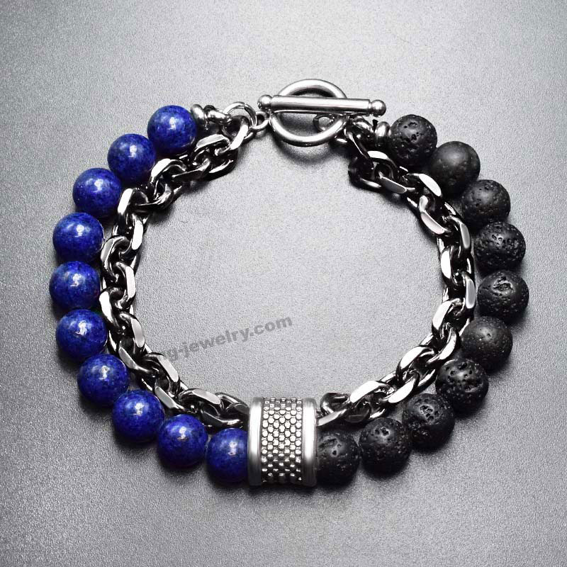 European and American Frosted Map Stone Beaded Metal Men's Bracelet