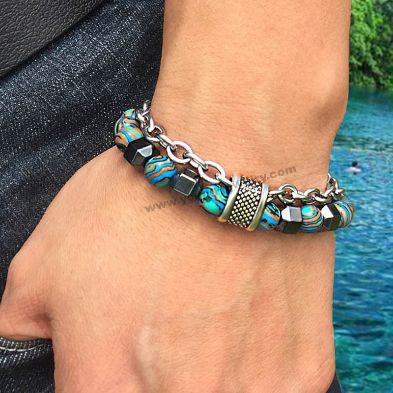 European and American Men's Malachite Metal Beaded Hip-Hop Bracelet