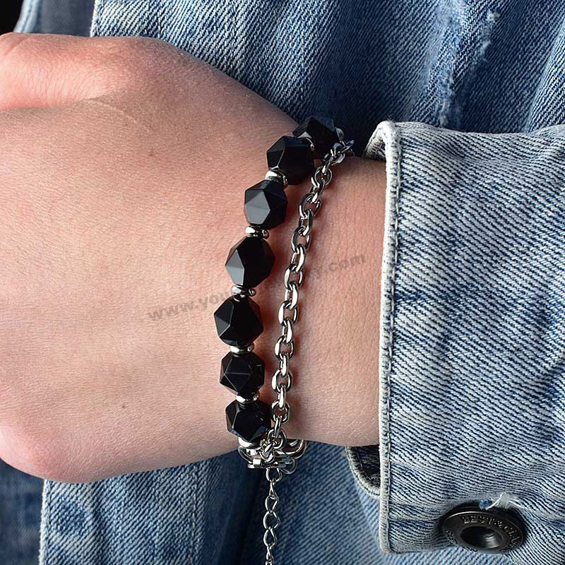 Stainless Steel Faceted Black Onyx Domineering Men's Bracelet