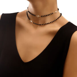 Simple Double Layer Black Rhinestone White Zircon Trendy Cool Necklace