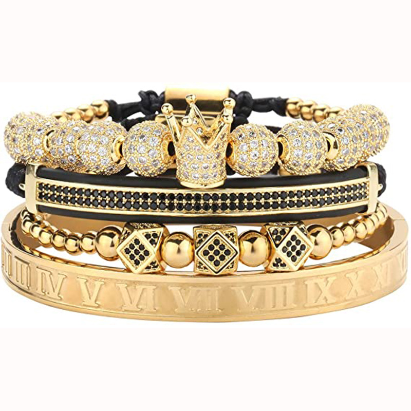 Copper Inlaid Zirconium Crown Diamond Double Crescent Men's set Bracelet