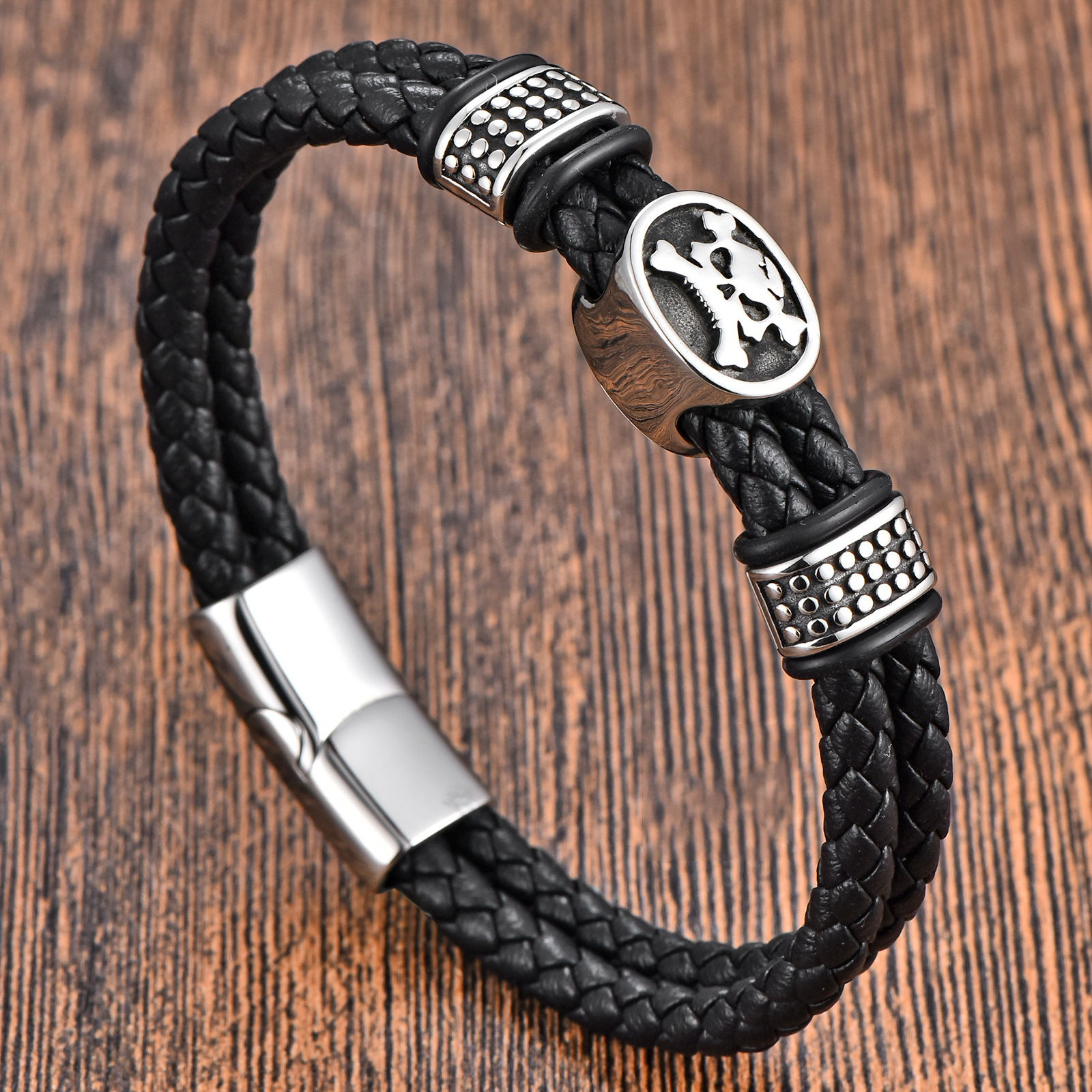 Simple Men's Cow Original Leather Metal Magnet Bracelet