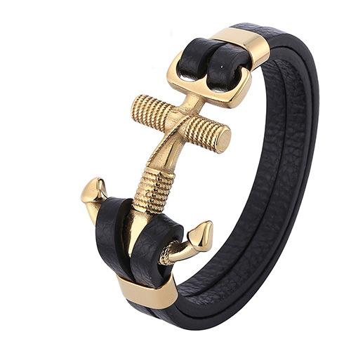 Stainless Steel Anchor Rope Leather Men's Bracelet