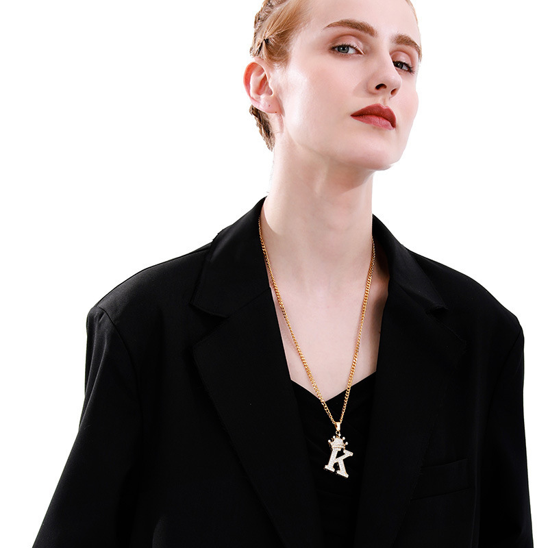 Popular Crown Micro Inlaid Zircon 26 English Letters Steel Necklace