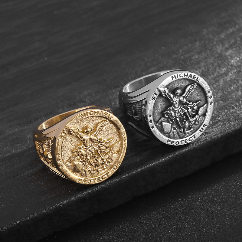 Hip Hop Steel Gold Plated Archangel Saint Claire Exorcist Men's Ring